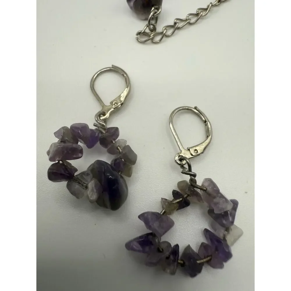 Silver Tone‎ Amethyst Beaded Necklace and Earring Set Pierced 24” Artisan Boho